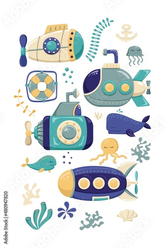 Submarines and marine inhabitants. Coloring. Designed for printing, fabrics, textiles, postcards. Marine print. Submarine. Vector illustration