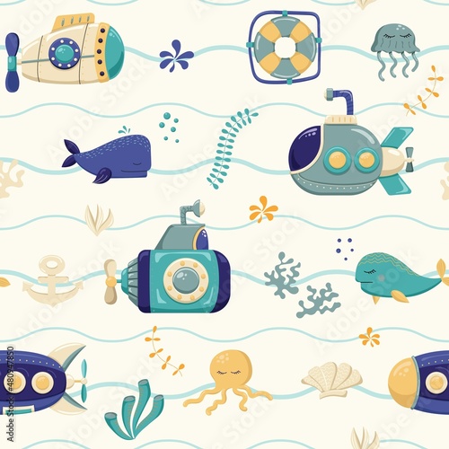 Bright seamless pattern with submarines and marine inhabitants. Designed for printing, fabrics, textiles, postcards. Children's pattern with ships. Marine print. Submarine. Vector illustration