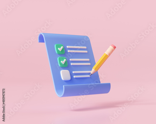 3D clipboard and pencil on pink background, notepad icon. 3d render illustration. photo
