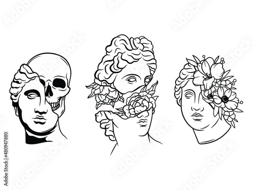 Set of Greek statues with flowers. Collection of portraits of ancient Roman heads of characters with flower bouquets and a skull. Vector illustration of ancient Greek statues on white background.