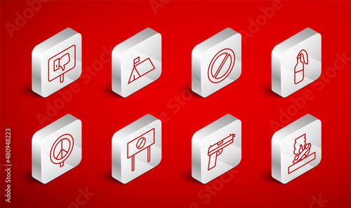 Set line Burning car, Protest camp, Ban, Cocktail molotov, Pistol or gun, and Peace icon. Vector