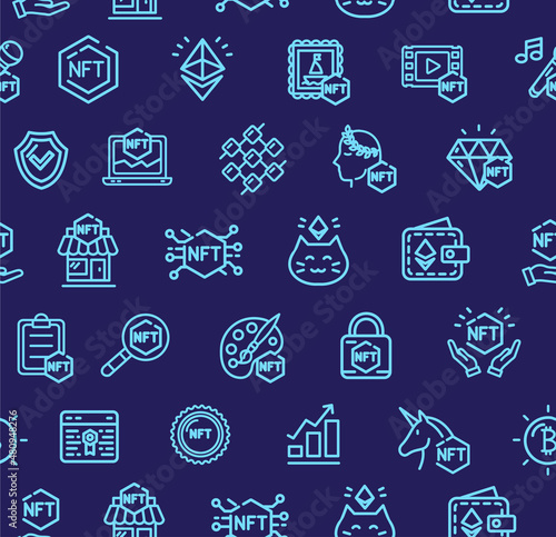 Nft Crypto Sign Thin Line Seamless Pattern Background. Vector
