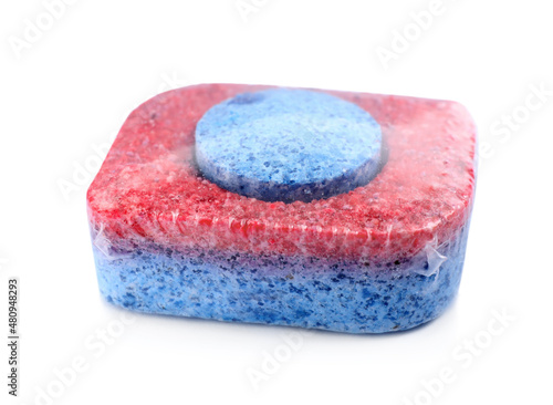 One dishwasher detergent tablet isolated on white