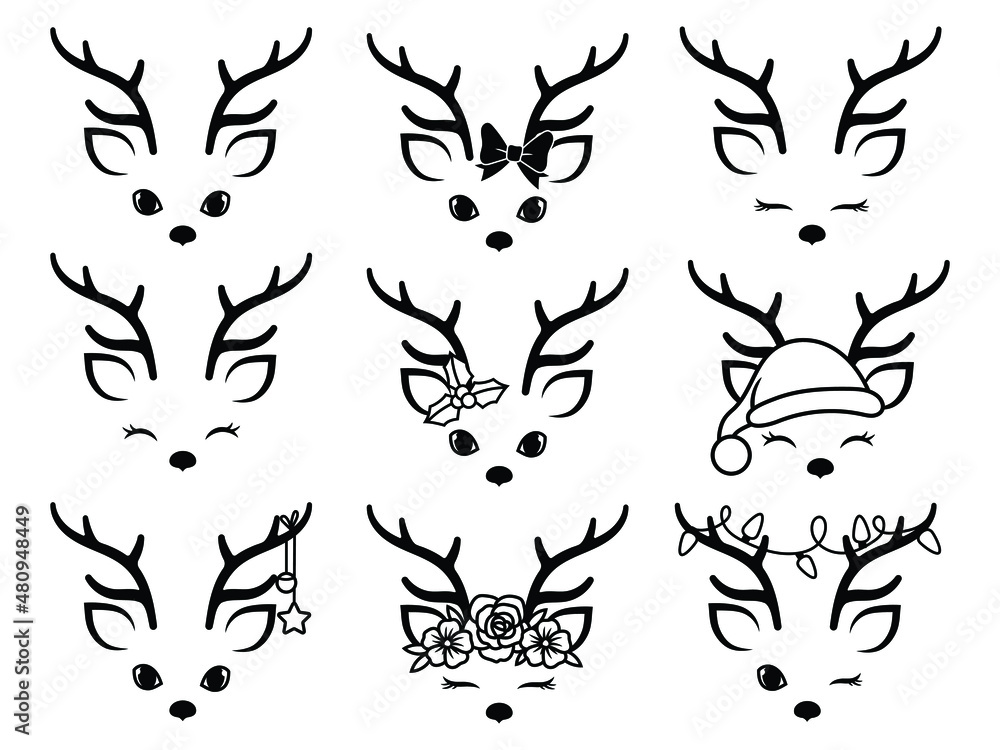 Set of portrait of christmas deers. Collection of festive cute face reindeer. Santa's Christmas helpers. Linear Art. Drawing for children.