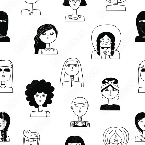 Female diverse faces of different ethnicity seamless outline pattern. Women empowerment movement pattern. International women's day graphic in vector.