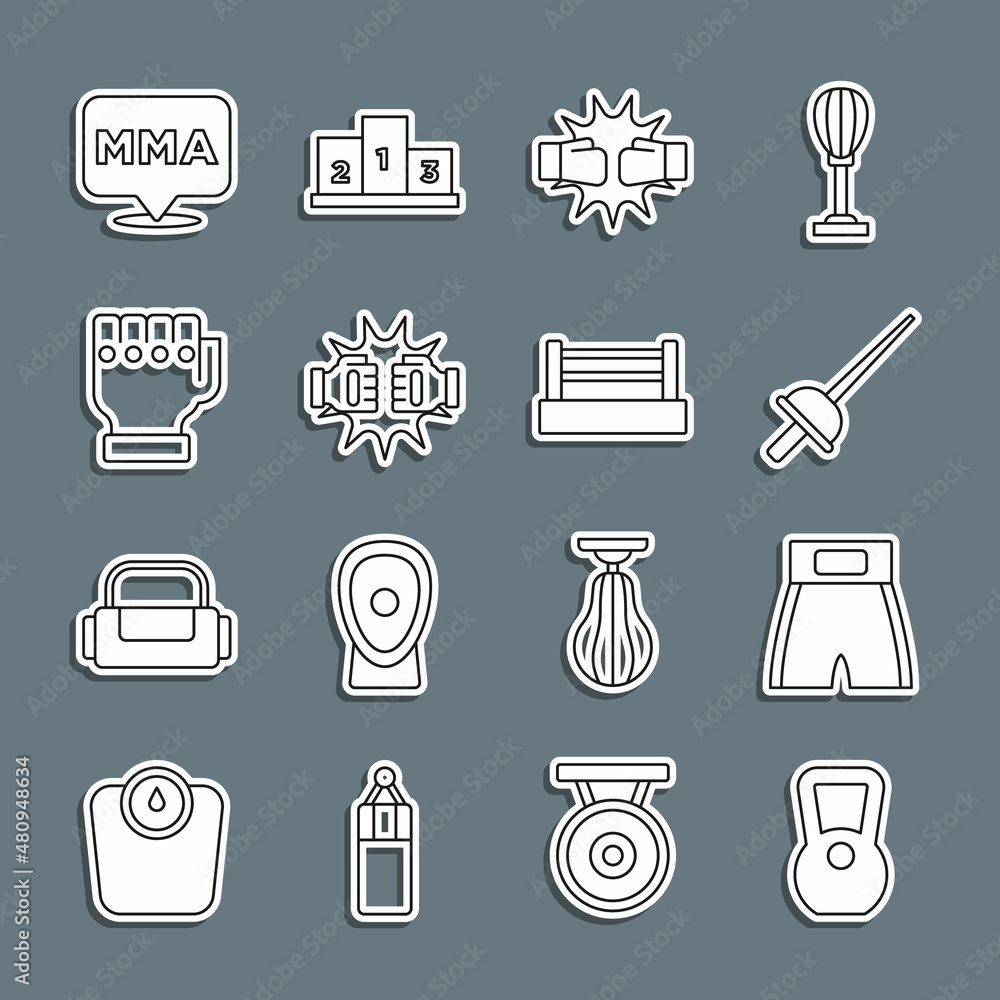 Set line Kettlebell, Boxing short, Fencing, Punch boxing gloves, MMA, Fight club and ring icon. Vector Set line Kettlebell, Boxing short, Fencing, Punch boxing gloves, MMA, Fight club and ring icon. Vector