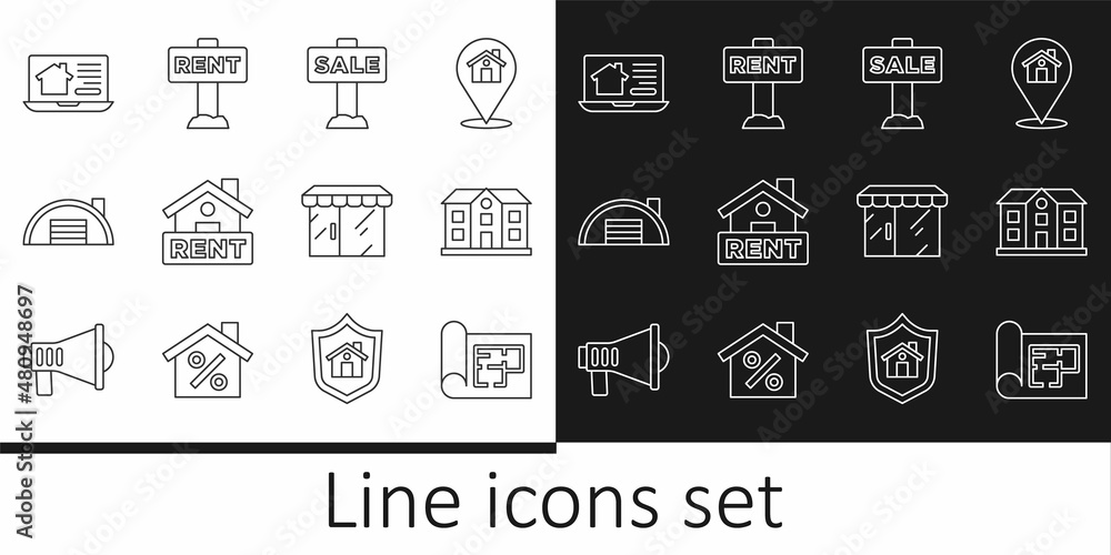 Set line House plan, Hanging sign with Sale, Rent, Warehouse, Online real estate, Market store and icon. Vector