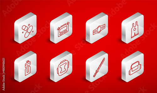 Set line Sport bag, Stopwatch, Boxing belt, Wrestling singlet, Japanese katana, Vitamin pill, helmet and Fitness shaker icon. Vector