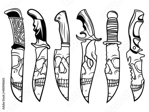Set of skull knife. Collection of chef's knife with skeleton face. Stylized food horror tools. Vector illustration isolated on white background.