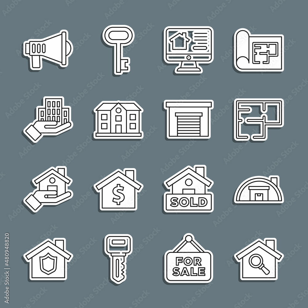 Set line Search house, Warehouse, House plan, Online real estate, Skyscraper, Megaphone and Garage icon. Vector Set line Search house, Warehouse, House plan, Online real estate, Skyscraper, Megaphone and Garage icon. Vector