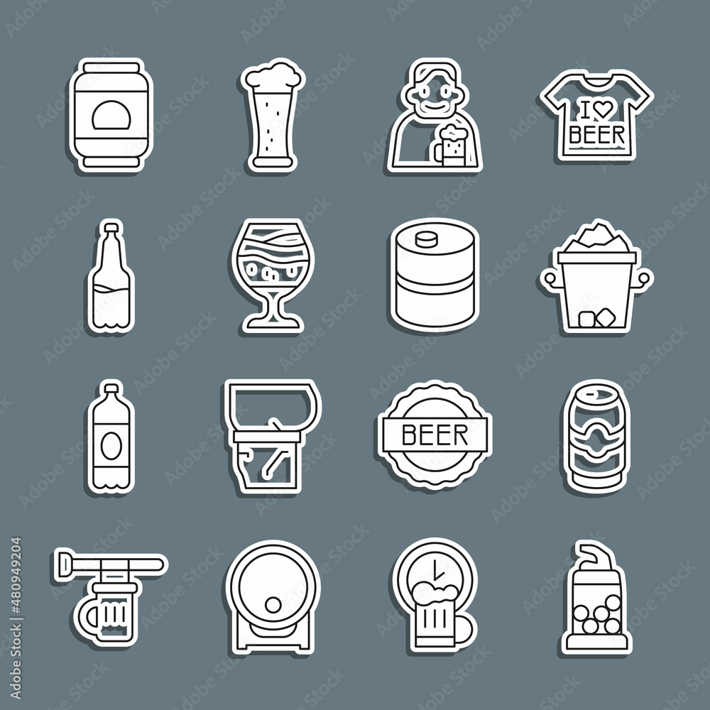 Set line Bottle opener, Beer can, Ice bucket, Happy man with beer, Glass of, Plastic bottle, and Metal keg icon. Vector Set line Bottle opener, Beer can, Ice bucket, Happy man with beer, Glass of, Plastic bottle, and Metal keg icon. Vector