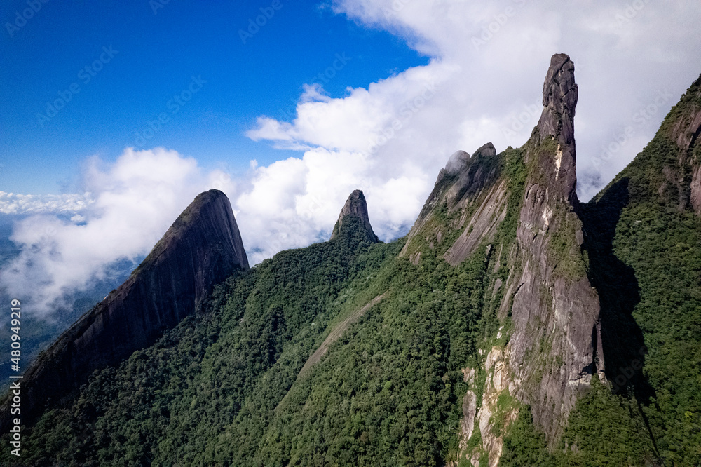Highlight of Postcard Trail view in Teresópolis with God's Finger peak part of rainforest mountainous vegetation in Rio de Janeiro Atlantic woods. Adventure hiking and outdoor sports in Brazil.