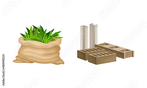 Hemp leaves processing products set. Fire reinforced concrete blocks vector illustration