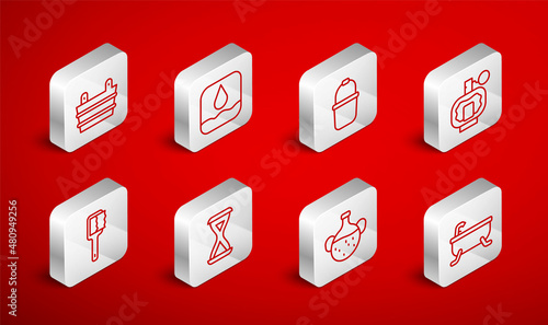 Set line Bathtub, Water drop, Sauna bucket, Aftershave, Essential oil bottle, hourglass and brush icon. Vector