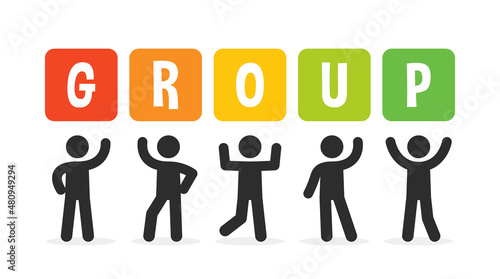 Group of man standing together and holding Group word banner. 