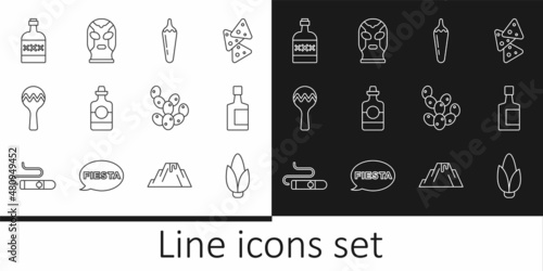 Set line Corn, Tequila bottle, Hot chili pepper pod, Maracas, Cactus and Mexican wrestler icon. Vector