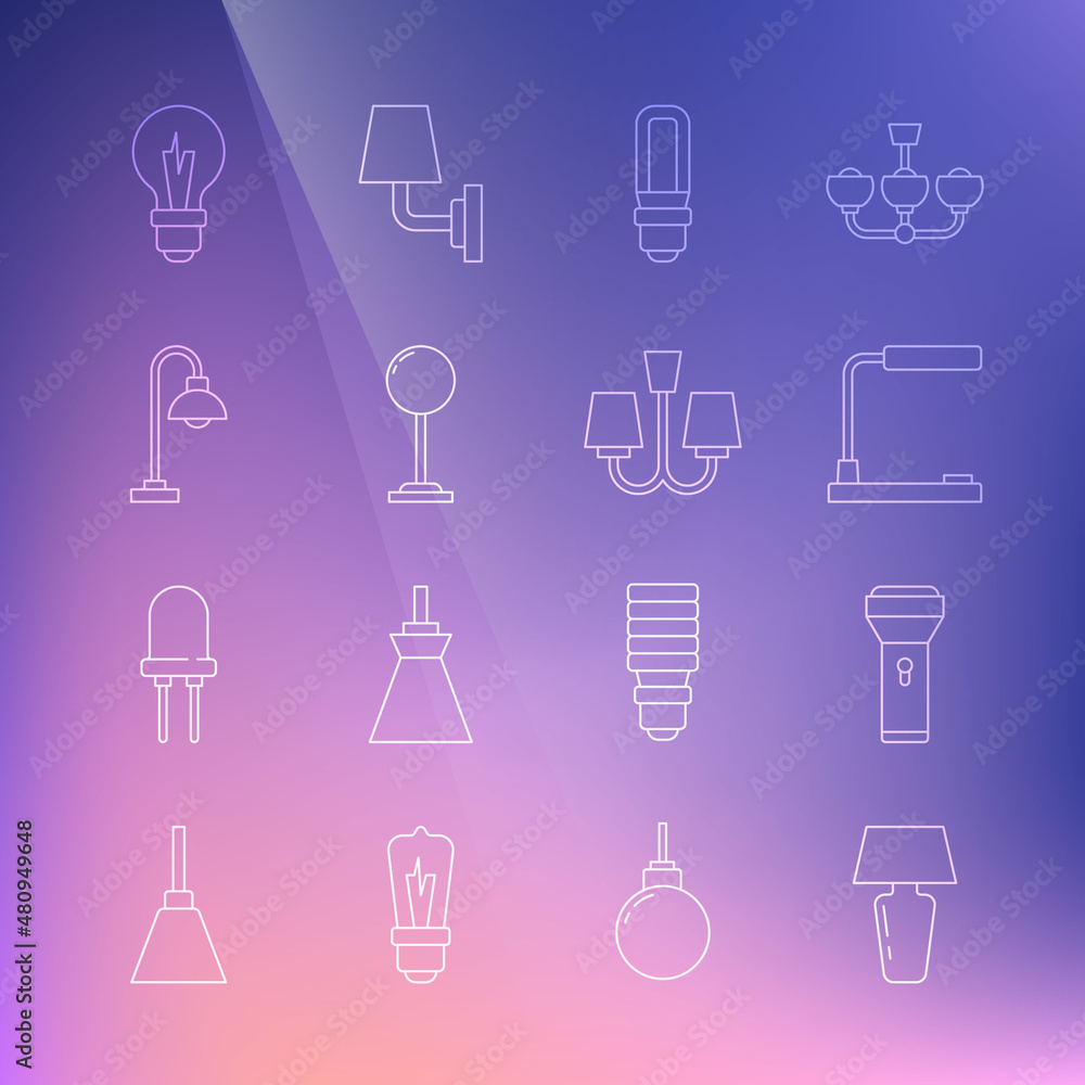 Set line Table lamp, Flashlight, LED bulb, Floor, Light and Chandelier icon. Vector Set line Table lamp, Flashlight, LED bulb, Floor, Light and Chandelier icon. Vector