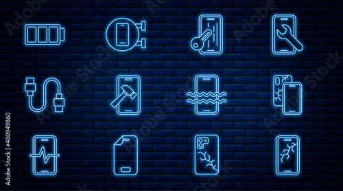 Set line Mobile with broken screen, Glass protector, USB cable cord, Battery, Waterproof phone and Phone repair service icon. Vector