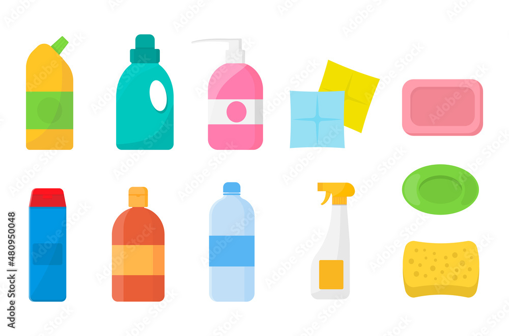 Set of detergent bottles or containers, cleaning supplies, washing powder icon. Vector illustration isolated on white background. Set of detergent bottles or containers, cleaning supplies, washing powder icon. Vector illustration isolated on white background.