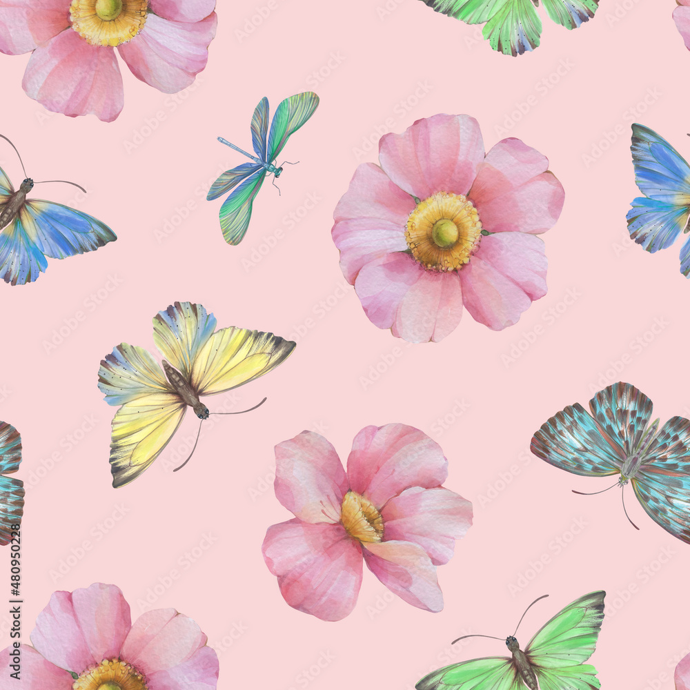 Seamless ornament for wrapping paper, design, print. Abstract Delicate flowers and butterflies are painted with watercolors, digitally processed. Botanical pattern on an abstract background.