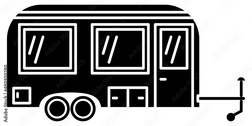 Motorhome, recreational vehicle, camping trailer, family camper. Classic design with rectangular windows. Vector icon, glyph, silhouette, isolated