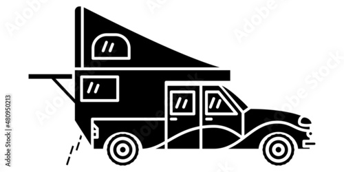 Motorhome, recreational vehicle, camping trailer, family camper. Design with a folding awning on the roof. Vector icon, glyph, silhouette, isolated