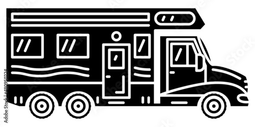 Motorhome, recreational vehicle, camping trailer, family camper. Roomy big bus for camping. Vector icon, glyph, silhouette, isolated