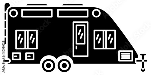Motorhome, recreational vehicle, camping trailer, family camper. A residential trailer with a sunroof and a ladder at the back. Vector icon, glyph, silhouette, isolated