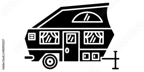 Motorhome, recreational vehicle, camping trailer, family camper. Trailer with a folding awning on top of the roof. Vector icon, glyph, silhouette, isolated