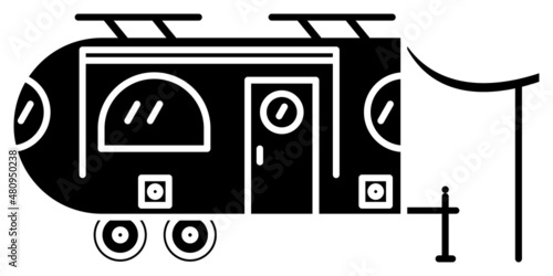 Motorhome, recreational vehicle, camping trailer, family camper. Semicircular design, awning on the side, sunroof. Vector icon, glyph, silhouette, isolated