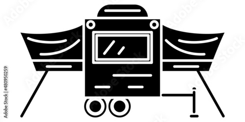 Motorhome, recreational vehicle, camping trailer, family camper. Design with a folding awning. Miniature camper design. Vector icon, glyph, silhouette, isolated