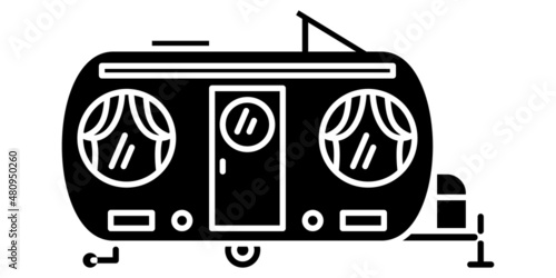Motorhome, recreational vehicle, camping trailer, family camper. Semi-circular design with round windows and a hatch on the roof. Vector icon, glyph, silhouette, isolated