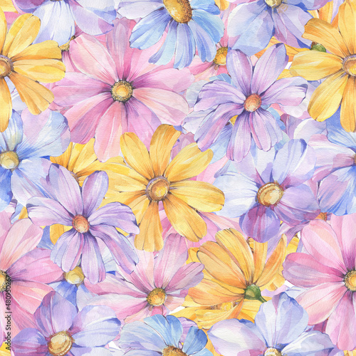 Delicate flowers are painted with watercolors  digitally processed. Seamless ornament for wallpaper  print  wrapping paper  design  print. Botanical pattern of colorful flowers.