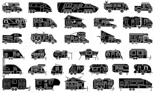 Motorhome, recreational vehicle, camping trailer, family camper. Cars, buses, trailers for recreation, travel, excursions. Set of vector icons, glyph, silhouette, isolated
