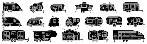 Motorhome, recreational vehicle, camping trailer, family camper. Family autonomous vacation, travel. Set of vector icons, glyph, silhouette, isolated