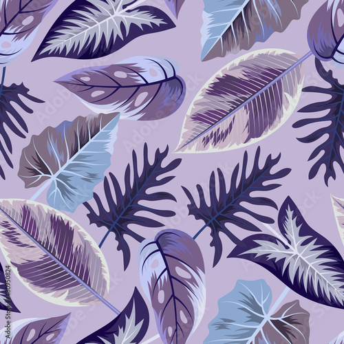 Seamless pattern with tropical beautiful leaves exotic background.