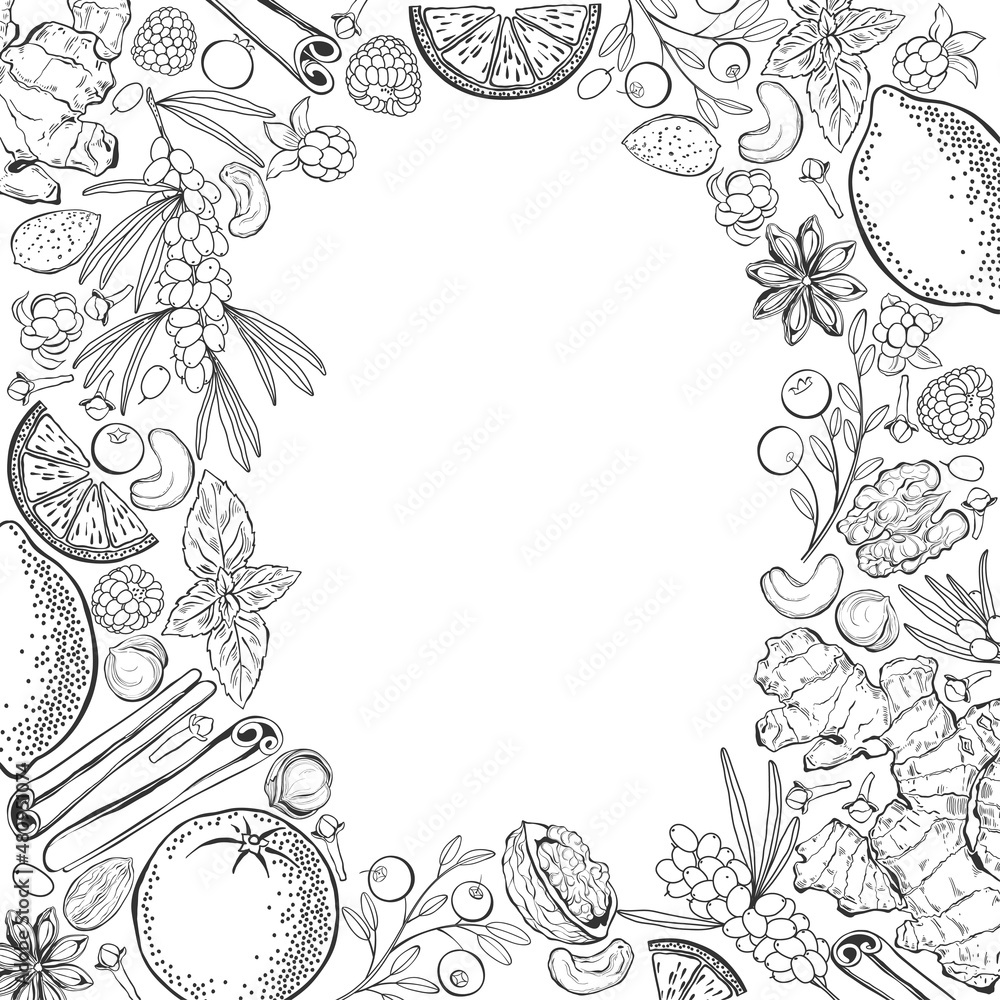 Natural vitamins. Pre-made design with frame and place for text. Vector layout decorative greeting card or invitation design background. Black and white. Natural vitamins. Pre-made design with frame and place for text. Vector layout decorative greeting card or invitation design background. Black and white.