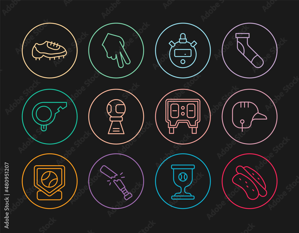 Set line Hotdog sandwich, Baseball helmet, Stopwatch, Award cup with baseball, Whistle, boot, mechanical scoreboard and glove icon. Vector Set line Hotdog sandwich, Baseball helmet, Stopwatch, Award cup with baseball, Whistle, boot, mechanical scoreboard and glove icon. Vector