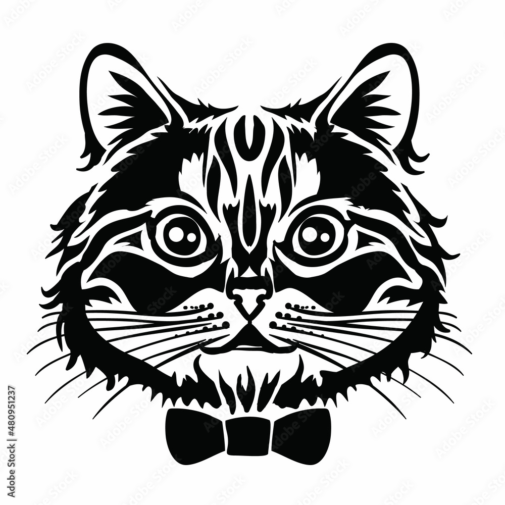 Obraz premium stylized head of a cat in black with a bow tie, logo, isolated object on a white background, vector illustration,
