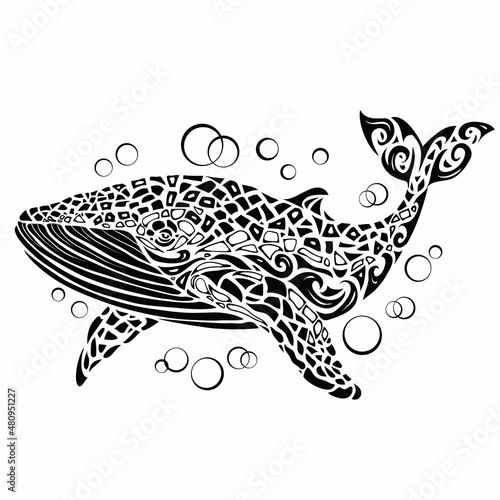 Photography stylized blue whale in black swims in the sea, logo, isolated object on a white