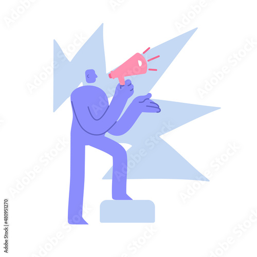 Flat modern character speaks publicly, communicates publicly with the audience via megaphone. Business Concept illustration with man taking part in business activities