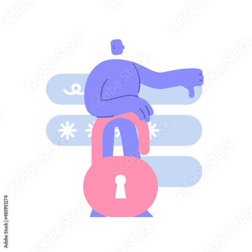 Flat modern character points down with a finger to the password is incorrect or too Easy. Business Concept illustration with man taking part in business activities