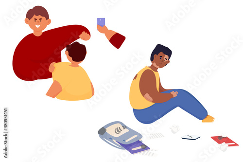 School bullying concept. Hooligans abuse children with vitiligo skin disease