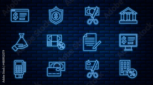 Set line House with percant discount, Monitor dollar, Scissors cutting money, Money percent, hand, Online banking, Document pen and Shield icon. Vector