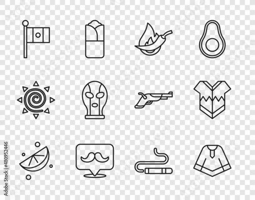 Set line Sliced lime, Poncho, Hot chili pepper pod, Mustache, Mexico flag, Mexican wrestler, Cigar and icon. Vector