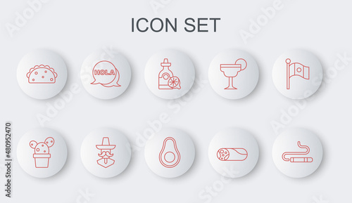 Set line Cigar, Cactus or succulent in pot, Tequila bottle with lemon, Burrito, Taco tortilla, Hola, Mexican man sombrero and Avocado fruit icon. Vector