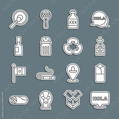 Set line Hola, Burrito, Tequila bottle, Salt, Tabasco sauce, Gong and Beans icon. Vector