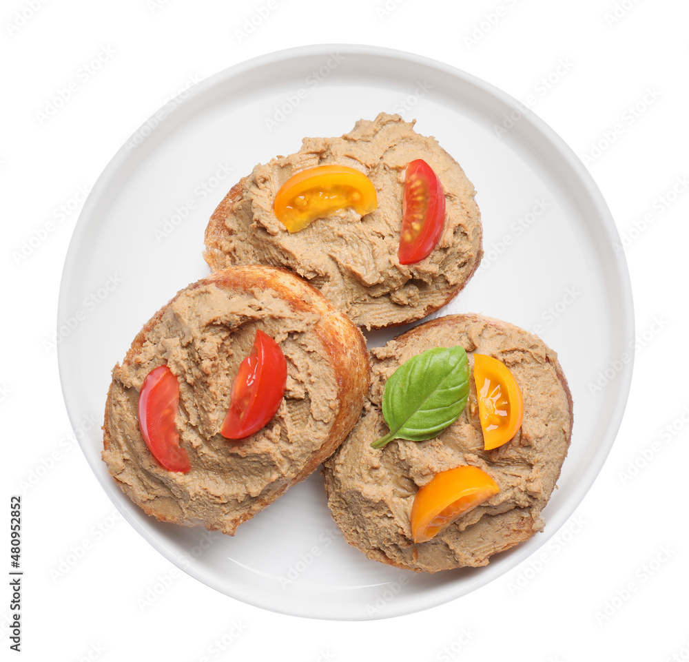 Slices of fresh bread with delicious pate and tomatoes on white background, top view