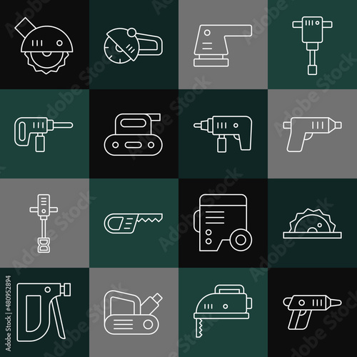 Set line Electric cordless screwdriver, circular saw, sander, planer tool, drill machine, and icon. Vector