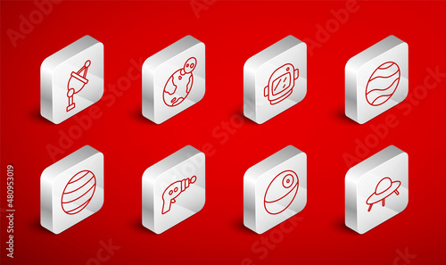 Set line UFO flying spaceship, Earth globe, Astronaut helmet, Planet, Satellite dish, Ray gun and icon. Vector